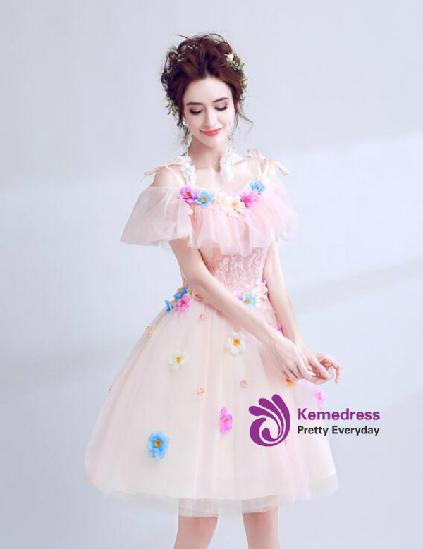 In Stock:Ship in 48 hours Pink Tulle Flower Homecoming Dress