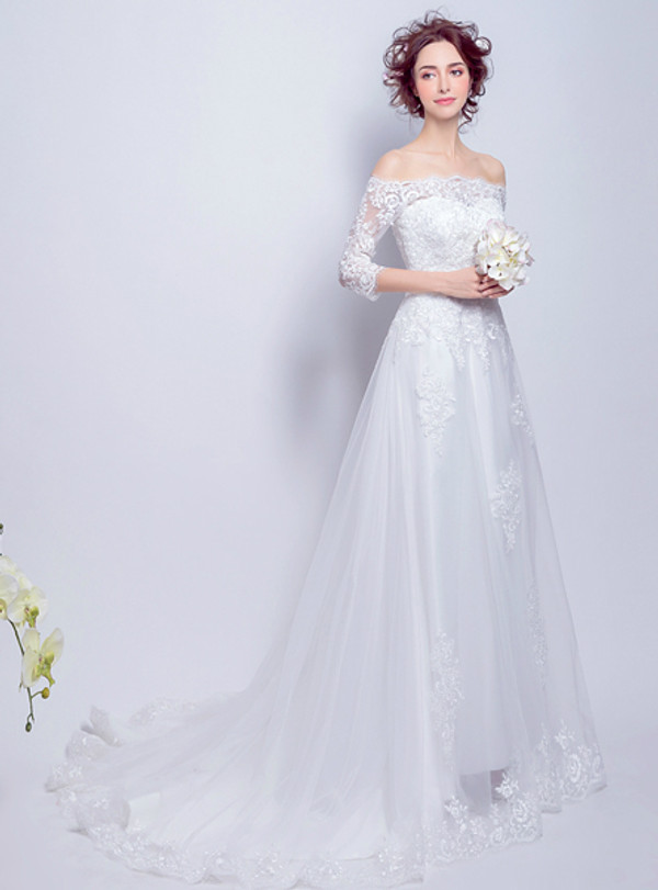 In Stock:Ship in 48 hours A-Line Off The Shoulder Half Sleeve Wedding Dress