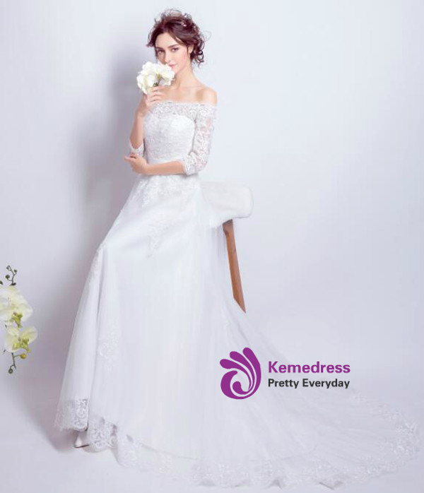 In Stock:Ship in 48 hours A-Line Off The Shoulder Half Sleeve Wedding Dress