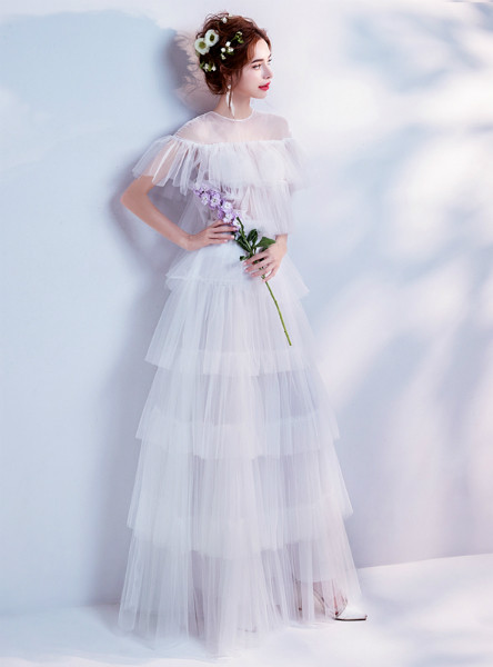 In Stock:Ship in 48 hours A-Line White Tulle Ruffle Wedding Dress