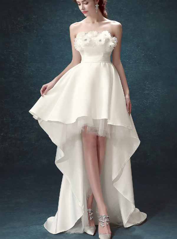 In Stock:Ship in 48 hours White Hi Lo Strapless Wedding Dress