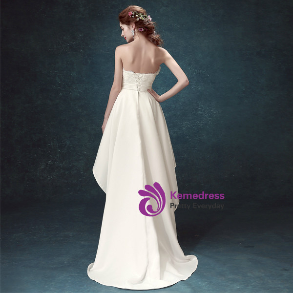In Stock:Ship in 48 hours White Hi Lo Strapless Wedding Dress