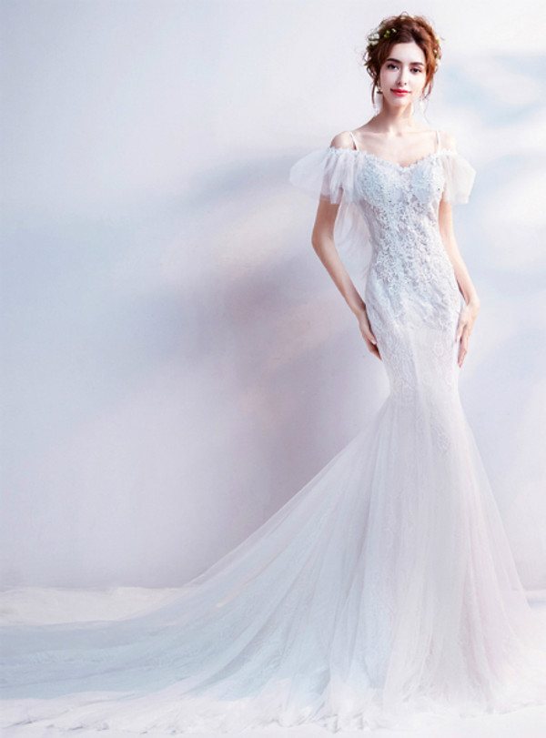 In Stock:Ship in 48 hours Mermaid Lace Straps Appliques Wedding Dress