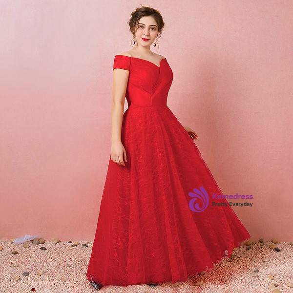 Plus Size Red Off The Shoulder Tulle Lace Prom Dress