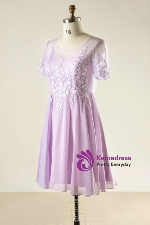 Plus Size Short Chiffon Appliques Short Sleeve Prom Dress
