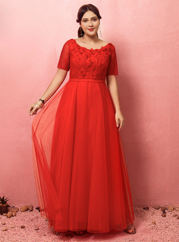 Plus Size Red Tulle Flower Short Sleeve Prom Dress