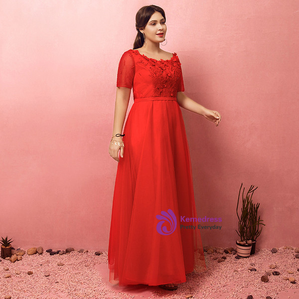 Plus Size Red Tulle Flower Short Sleeve Prom Dress