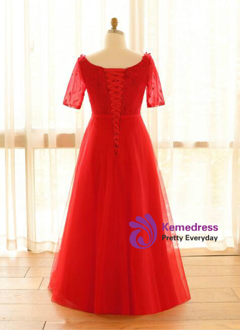 Plus Size Red Tulle Flower Short Sleeve Prom Dress