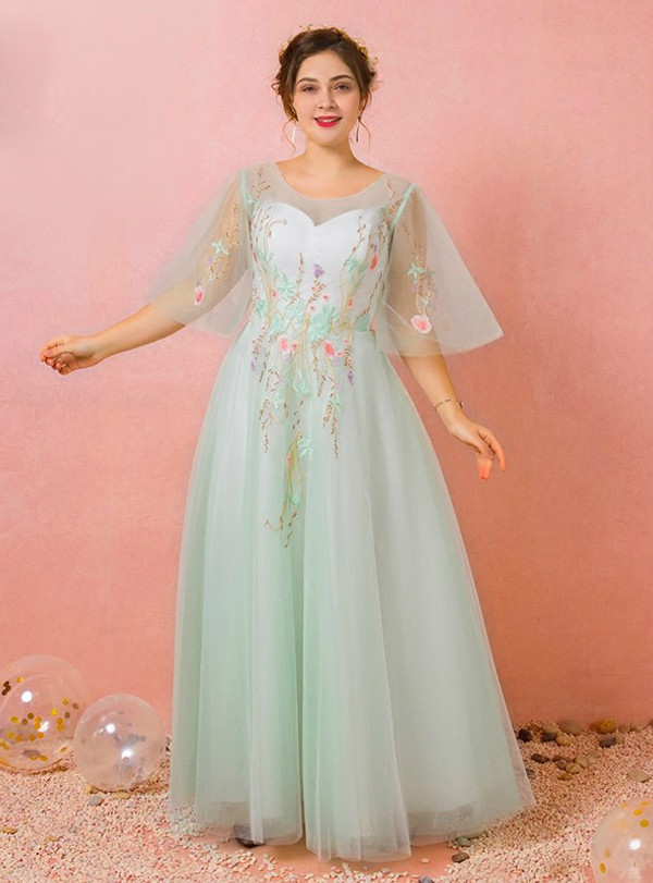 Plus Size Green Embroidery Tulle Backless Prom Dress