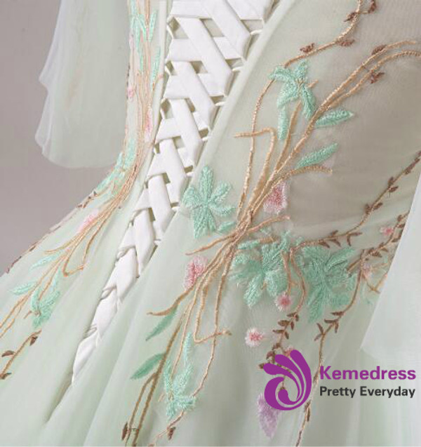 Plus Size Green Embroidery Tulle Backless Prom Dress