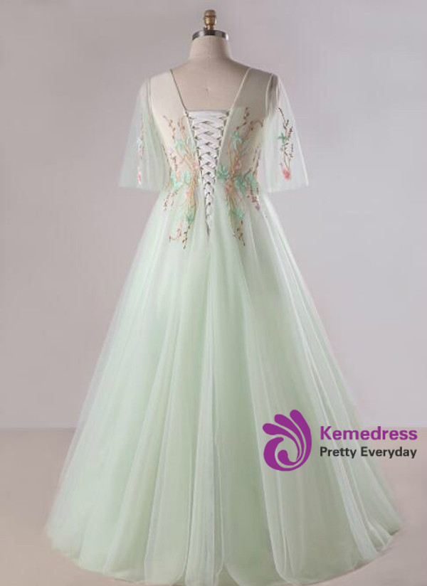 Plus Size Green Embroidery Tulle Backless Prom Dress