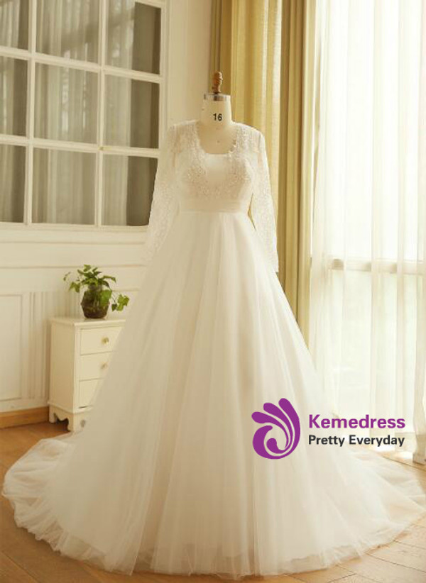 Plus Size White Lace Tulle Long Sleeve Beading Wedding Dress