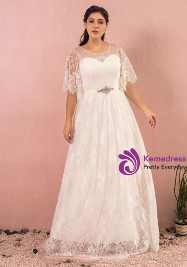 Plus Size White Lace Short Sleeve Sash Zipper Up Wedding Dress