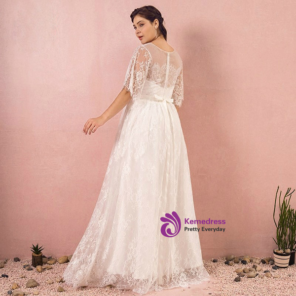 Plus Size White Lace Short Sleeve Sash Zipper Up Wedding Dress