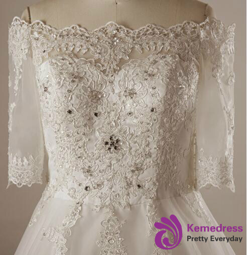 Plus Size Tulle Lace Off The Shoulder Half Sleeve Wedding Dress