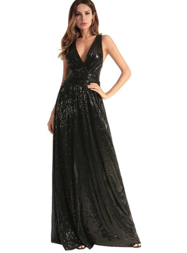 In Stock:Ship in 48 hours Black Halter Sequins Prom Dress