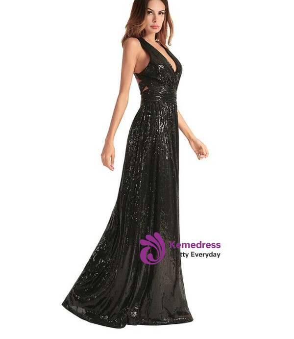 In Stock:Ship in 48 hours Black Halter Sequins Prom Dress
