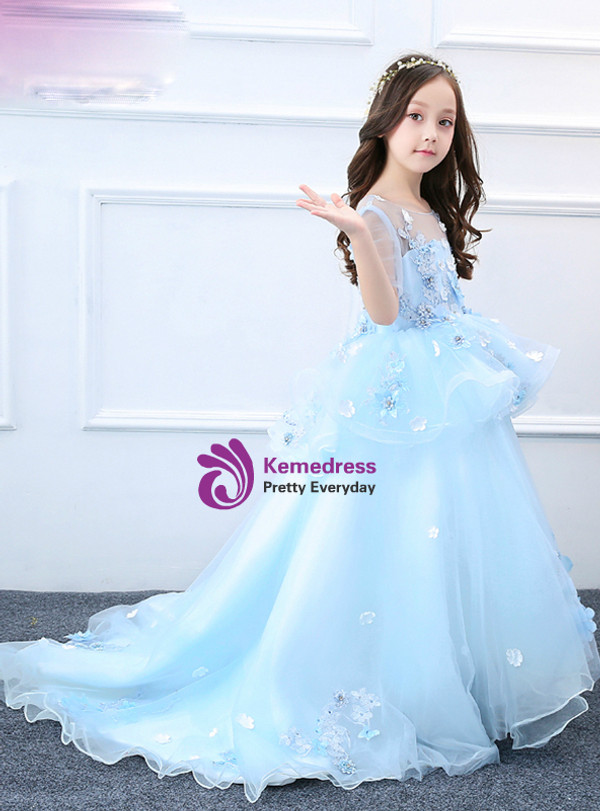In Stock:Ship in 48 hours Ball Gown Blue Tulle Appliques Flower Girl Dress