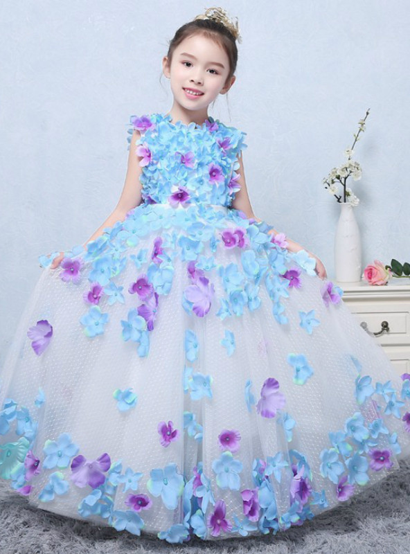 In Stock:Ship in 48 hours Blue Sleeveless Tulle Flower Girl Dress