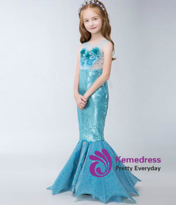 In Stock:Ship in 48 hours Mermaid Blue Sequins Flower Girl Dress