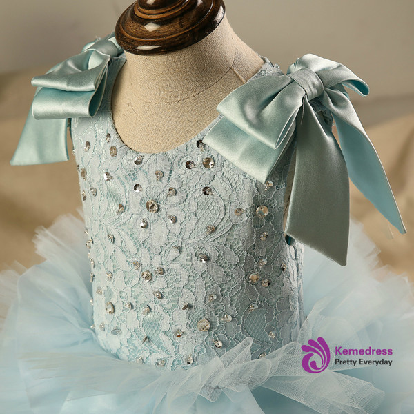 Blue Ball Gown Tulle Bow Sequins Flower Girl Dress