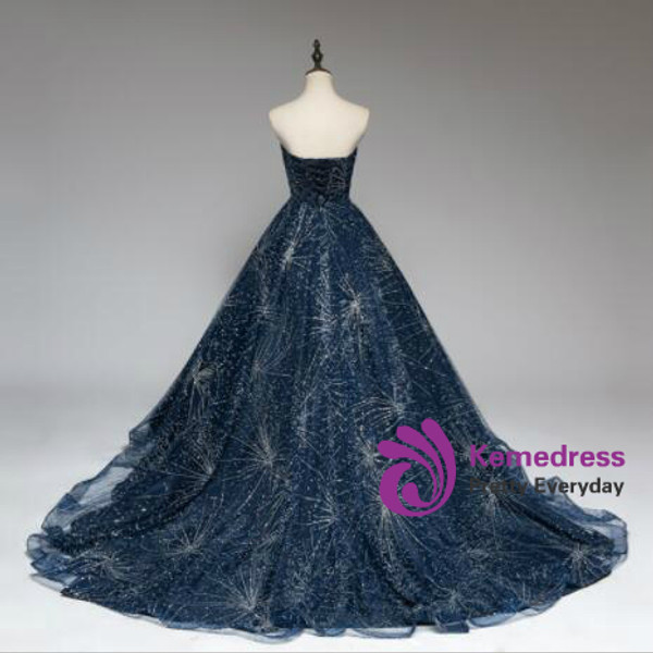 In Stock:Ship in 48 hours Blue Tulle Bling Bling Strapless Prom Dress