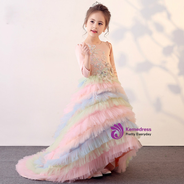 In Stock:Ship in 48 hours Ball Gown Long Sleeve Tulle Ruffle Girl Dress