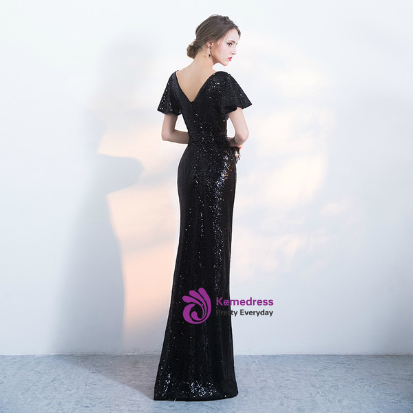 In Stock:Ship in 48 hours Black Sequins Deep V-neck Prom Dress