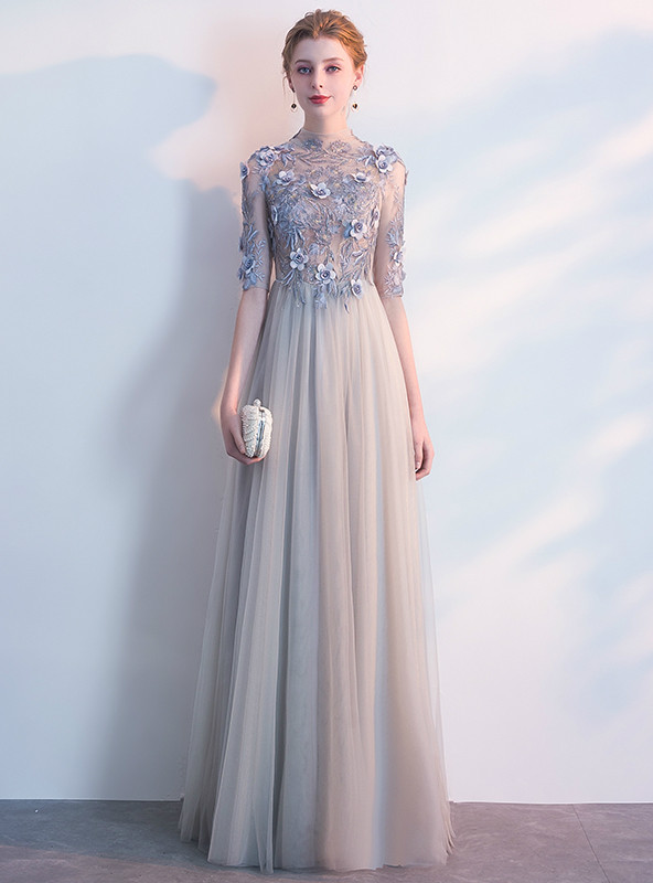 In Stock:Ship in 48 hours Gray Tulle Short Sleeve Appliques Prom Dress