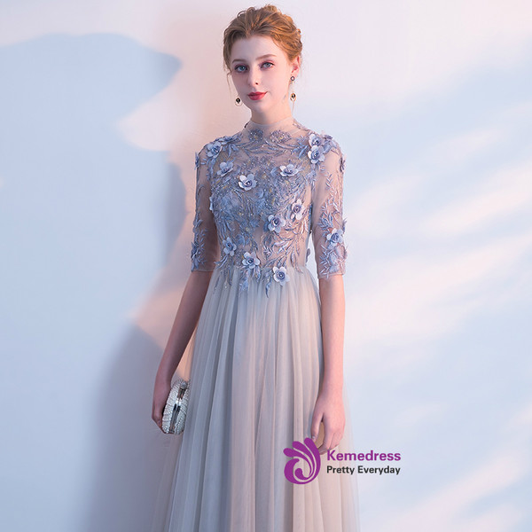 In Stock:Ship in 48 hours Gray Tulle Short Sleeve Appliques Prom Dress
