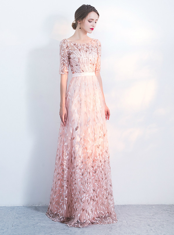 In Stock:Ship in 48 hours Pink Short Sleeve Sequins Prom Dress