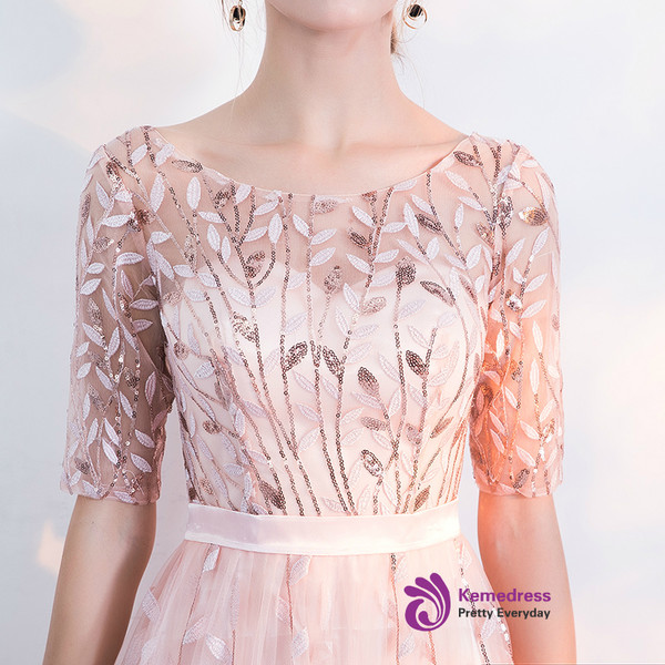 In Stock:Ship in 48 hours Pink Short Sleeve Sequins Prom Dress