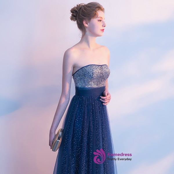 In Stock:Ship in 48 hours Strapless Blue Tulle Bling Bling Prom Dress