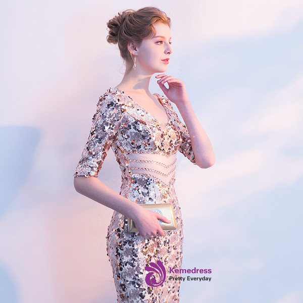 In Stock:Ship in 48 hours Mermaid Gold Sequins Short Sleeve Prom Dress