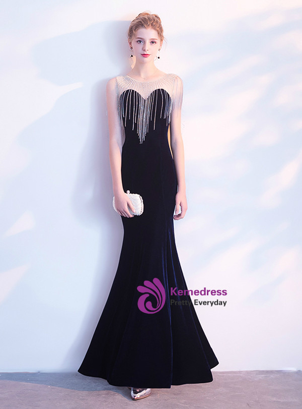 In Stock:Ship in 48 hours Mermaid Blue Velvet Beading Prom Dress