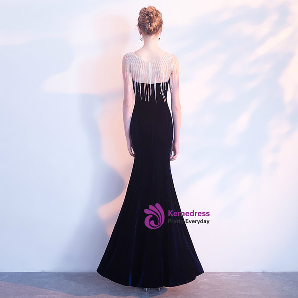 In Stock:Ship in 48 hours Mermaid Blue Velvet Beading Prom Dress