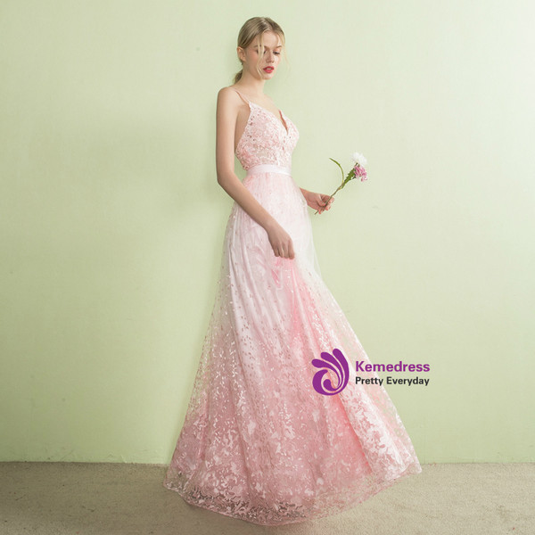 In Stock:Ship in 48 hours Pink Lace Straps Backless Prom Dress