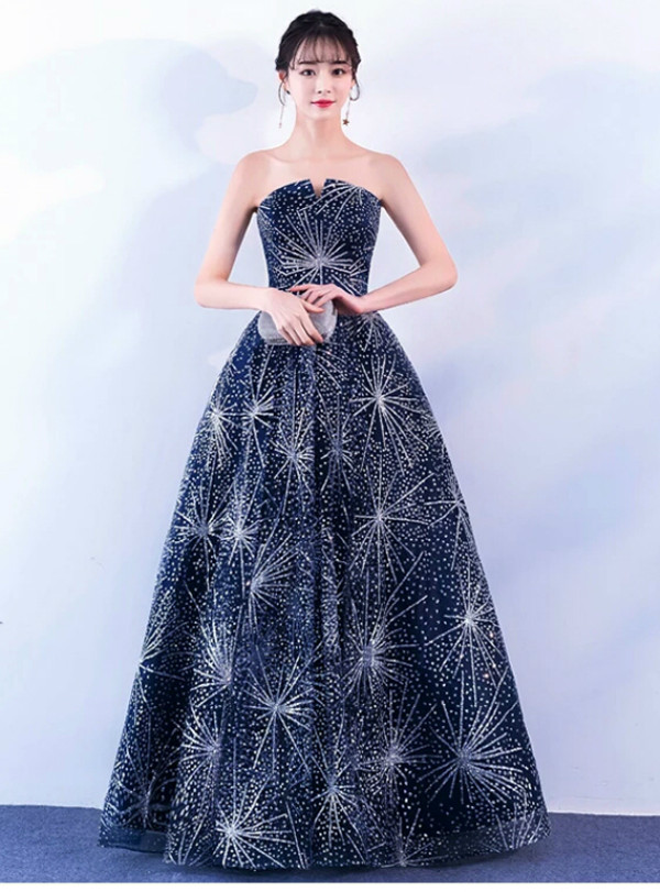 In Stock:Ship in 48 hours Blue Bling Bling Floor Length Prom Dress