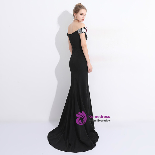 In Stock:Ship in 48 hours Mermaid Black Satin Sequins Off The Shoulder Prom Dress