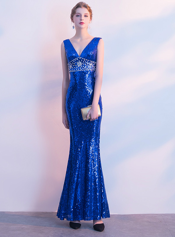 In Stock:Ship in 48 hours Mermaid Blue Sequins Crystal Prom Dress