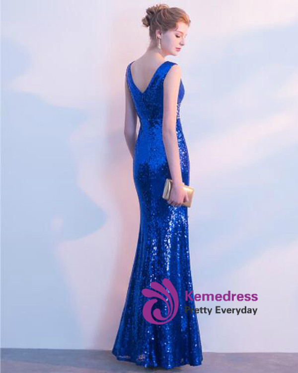 In Stock:Ship in 48 hours Mermaid Blue Sequins Crystal Prom Dress