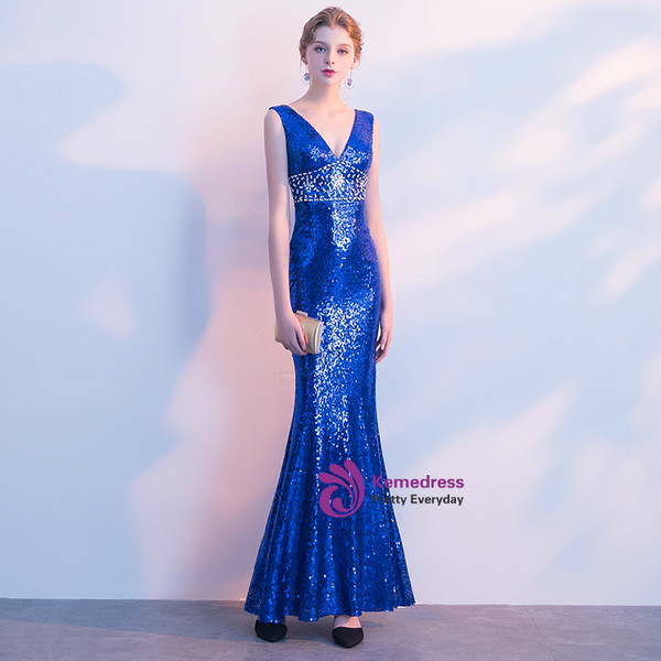 In Stock:Ship in 48 hours Mermaid Blue Sequins Crystal Prom Dress