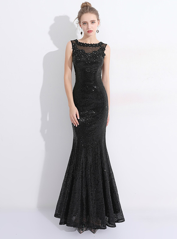 In Stock:Ship in 48 hours Mermaid Black Sequins Lace Prom Dress