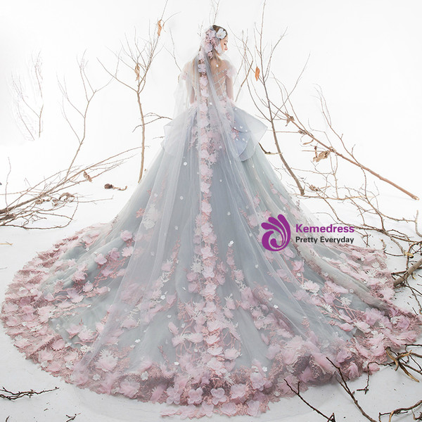 Haute Couture Ball Gown Blue Appliques Wedding Dress