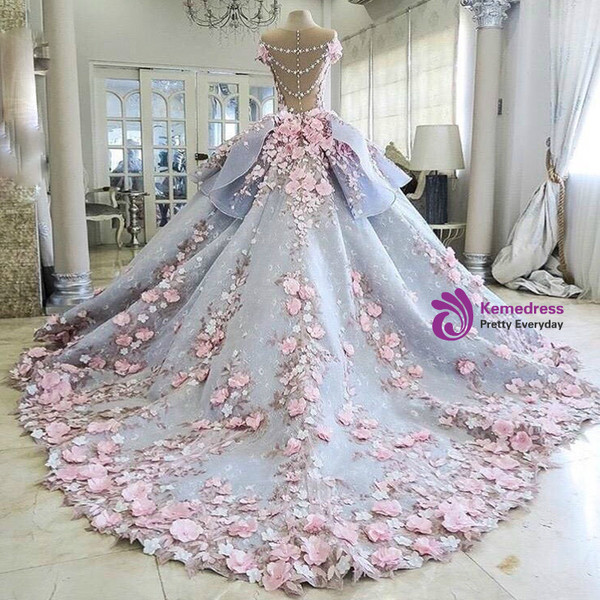 Haute Couture Ball Gown Blue Appliques Wedding Dress