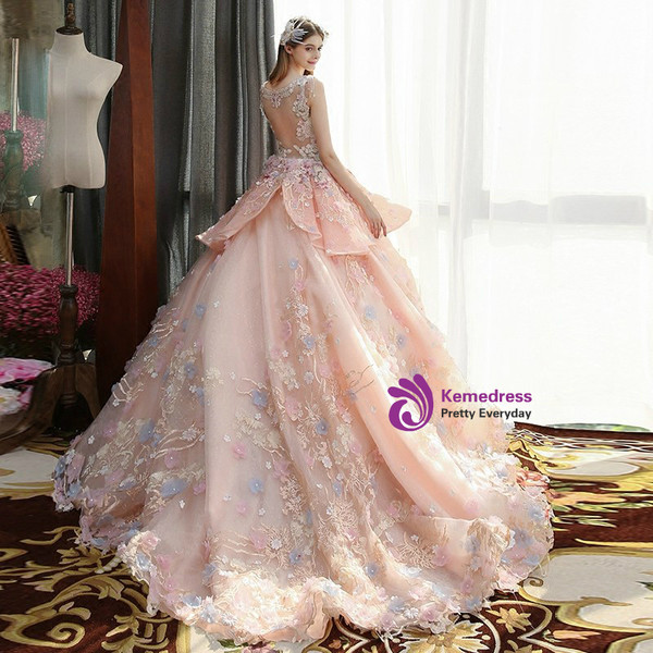 Haute Couture Pink Ball Gown Tulle Appliques Wedding Dress