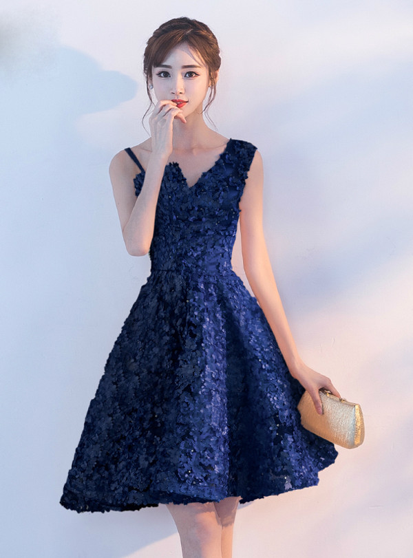 In Stock:Ship in 48 hours Blue Lace Homecoming Dress