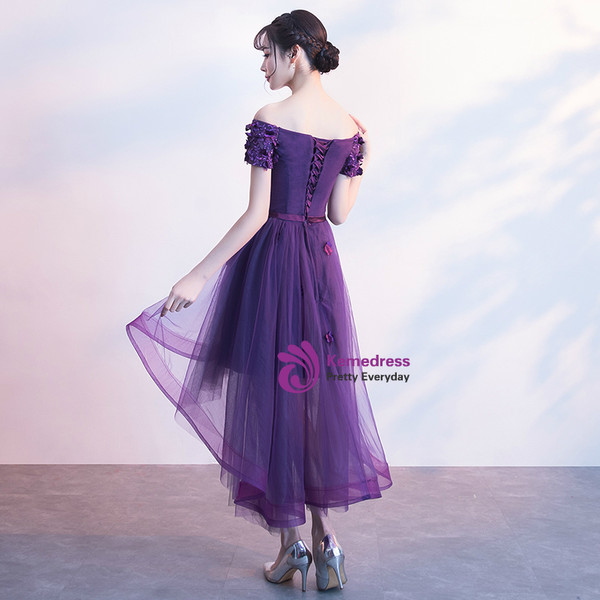 In Stock:Ship in 48 hours Purple Off The Shoulder Tulle Hi Lo Dress