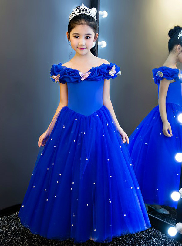 In Stock:Ship in 48 hours Blue Off The Shoulder Tulle Girl Dress