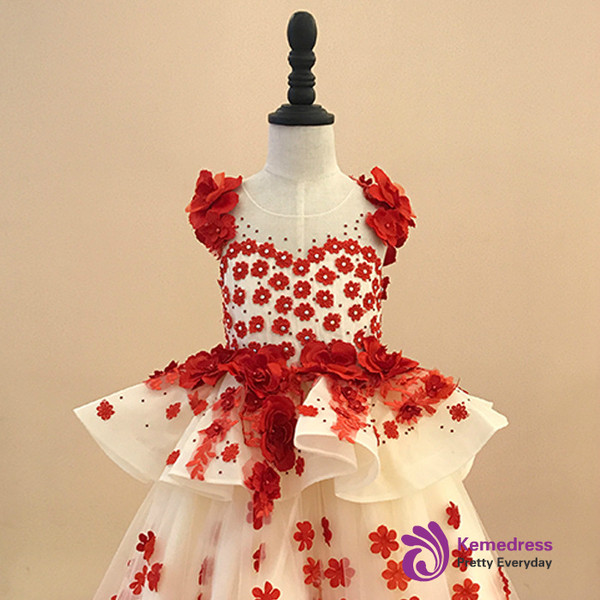 Ball Gown Champagne Tulle Red Appliques Flower Girl Dress